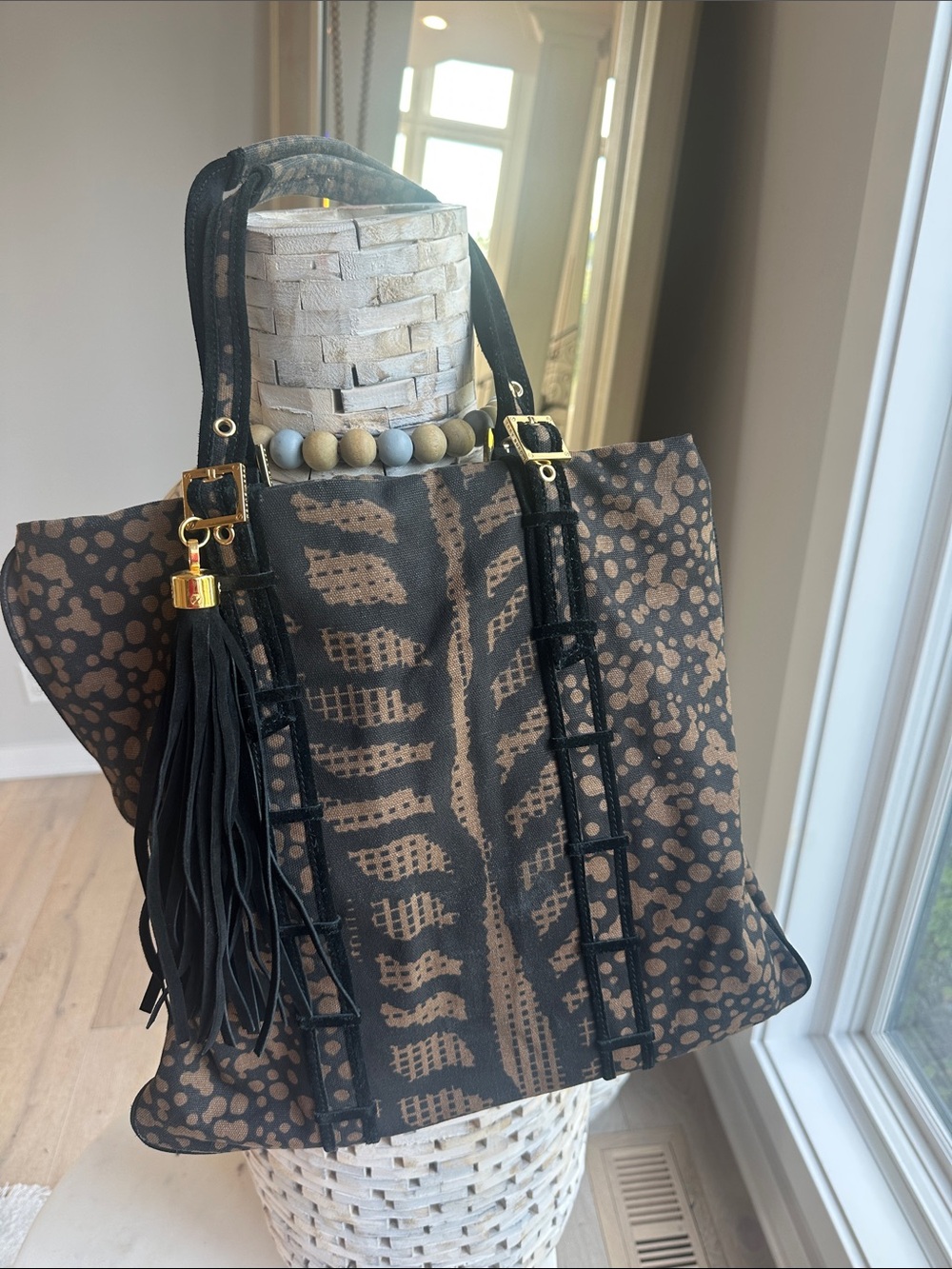 Tory Burch Black and Brown Patterned Fringe Tote